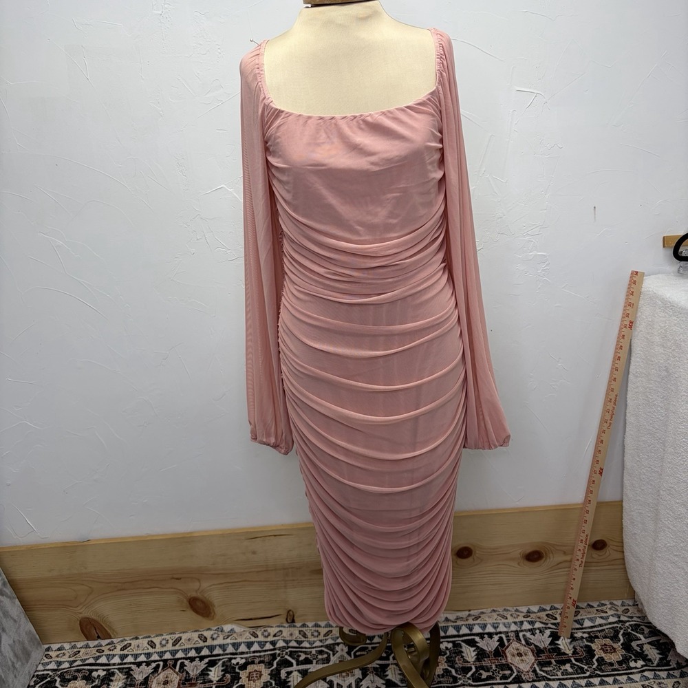 Blush Pink Ruched Mesh Long Sleeve Midi Dress Women's XL‎ Coquette Glam Bodycon